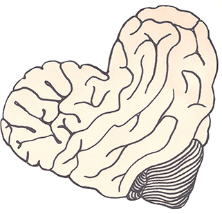 A drawing of a pale-pink brain reshaped into the shape of a heart.