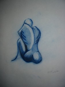 A pastel sketch of a nude, skinny man sitting, hunched over, facing away by William L. Alton.