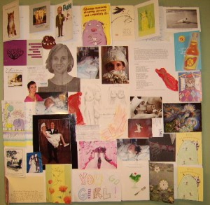 Collage of photos, drawings, get well cards, and magazine images exploring Ann Millett-Gallant's body, marriage, and healing.