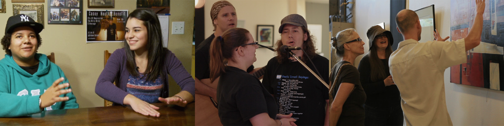 A collage: Dani and Athena rap at the dinner table, Brandon sings with ILR Music Collective, and Kris talks to patrons about her art.