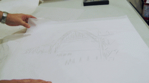 Pencil sketch in progress of Depoe Bay Bridge