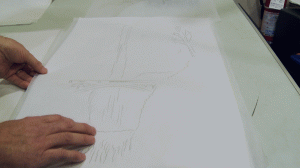 Pencil sketch in progress of Multnomah Falls