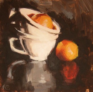 still life painting showing two white coffee cups and two oranges