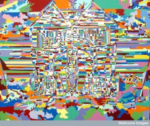 The colors in this painting are bright and highly saturated blue, green, pink, burgandy, orange, yellow, and red. There are many shades of each color. The painting style looks like everything in the picture is made from cut-out paper or puzzle pieces. Everything fits together perfectly but is very jarring to look at. The painting is of a barn. Visual confusion, overlaying and flattening of images, pulsating kaleidoscopic colors.