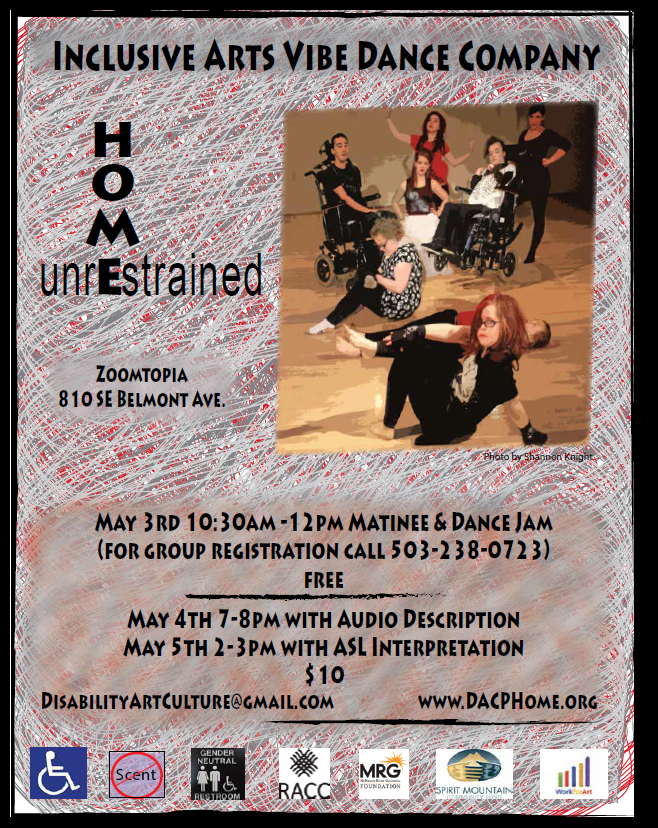 Flyer for Inclusive Arts Vibe Dance Company's spring recital called Home/Unrestrained. The background is a mass of gray, red, white, and black scribbles with a rough black border. There is a photo of the dancers striking a pose, which has been digitally manipulated to look like a drawing. Event details and event sponsors are listed on the flyer.