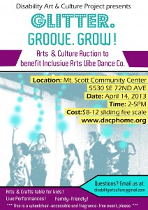 Inclusive Arts Vibe Dance Company fundraiser flyer. The flyer has a picture of the dancers digitally manipulated so the dancers are green and have green balls of energy jumping from their upraised hands. The text is in purple on white background, white on purple background, or black on yellow background giving details of the event.