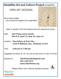 Flyer for Disability Art and Culture Project's open art life drawing sessions. There is a small drawing of a woman in a wheelchair, leaning forward with her legs crossed. Colored rays emanate from her in all directions. Details of the art classes are listed.
