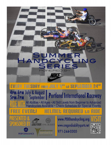 Summer Handcycling Series flyer pictures handcyclists crossing a finish line and details of the event, sponsors, and contact information. www.oregondisabilitysports.net.
