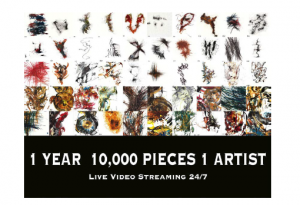 A flyer showing a grid of 50 square portions of Kris Haas's abstract paintings and the words "1 year 10,000 pieces 1 artist Live video streaming 24/7"