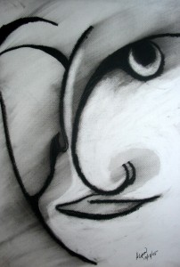 Charcoal sketch by William L. Alton with shadows and smudges showing a face that appears half eagle, half man.