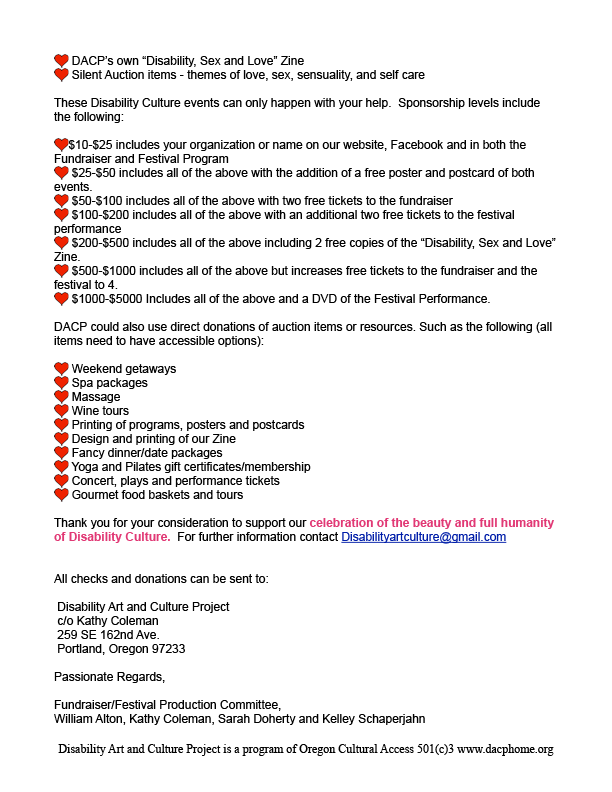 Sex, Love and Disability III Sponsor letter page 2 Perks for becoming a sponsor, contact information, and in-kind donation requests are listed.