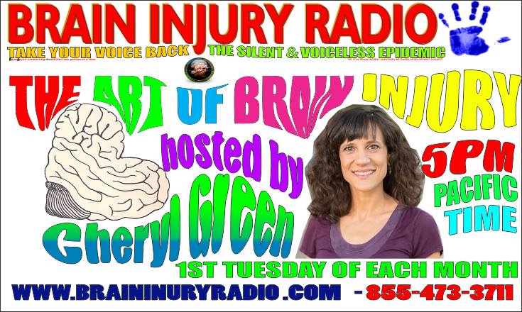 The Art of Brain Injury Radio Show Banner shows a photo of a woman with brown hair and a purple shirt, smiling at the camera. There is a sketched brain in the shape of a heart and Brain Injury Radio Network logos. Show details are written in multiple bright colors and a bubbly 1970s font.