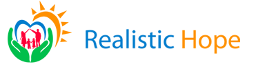 Realistic Hope logo Two green hands are cupped together. Inside them stand two red adults and two red children, holding hands. A blue heart is above them, and an orange sun shines. Realistic Hope is written next to the image.