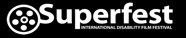 Superfest International Disability Film Festival logo with festival name and a film reel in white on a black background.