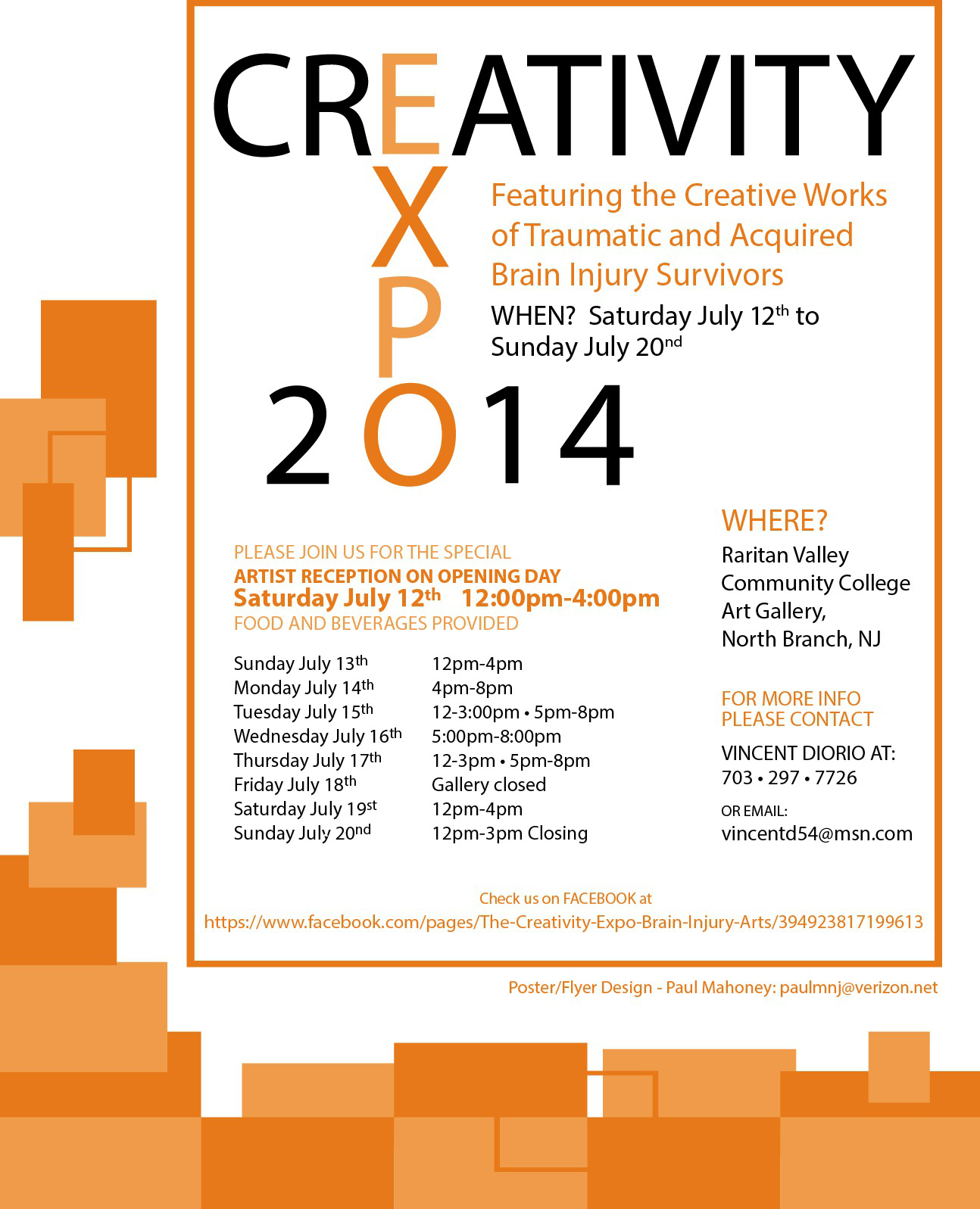 A white background and various orange rectangles decorating the edges. Text includes location, contact information, show dates and times, and the title. "Creativity Expo 2014. Featuring the Creative Works of Traumatic and Acquired Brain Injury Survivors."