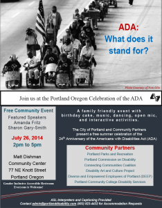 Flyer includes a black and white photo by Tom Olin of people with disabilities marching and holding civil rights protest signs. Text is in the blog post.