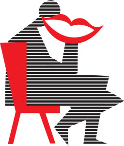 A black and white line drawing of a person in profile, sitting in a bright red chair. The person is hunched forward. They hold up an enormous red smile that faces the viewer, and the smile partly covers their downward, resigned gaze.