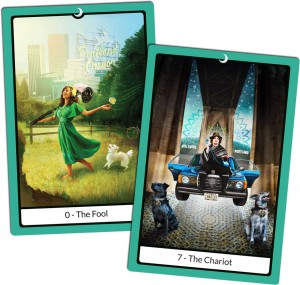 The Portland Tarot images of Cynthia and Cheryl. Cynthia is The Chariot, sitting on the hood of her floating blue car, flanked by her dog Charlie. Cheryl is The Fool, happily tripping toward a cliff with a bike helmet and a flower.