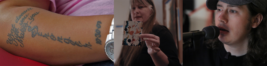 Brandon Scarth sings, Kris Haas holds tiny painting, Dani Sanderson's tattoo of "What doesn't kill you makes you stronger, 10-30-07"