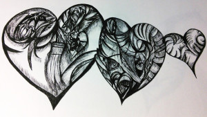 Three hearts in black ink, each filled with swirling shapes, lines, and textures