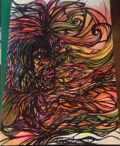 A profile of a woman with extremely long hair swirling around her face. The image is colored to look like highly intricate stained glass.