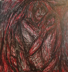 [Image description: A sketch of a woman huddled with her knees pulled to her chest. She looks frightened. The entire canvas is covered in thick, dark, red and black lines that are either hiding her or trapping her.]