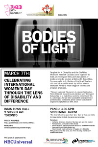 Flyer for Bodies of Light 2015 film festival to celebrate International Women's Day through the lens of disability and difference. A black and white image of three bodies standing onstage, lit from the back.