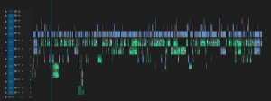 Screenshot of the "Who Am I To Stop It?" timeline in editing software showing colored bars that represent the film's scenes on three tracks of video and eight tracks of audio