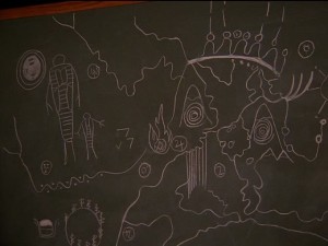 A chalkboard drawing of all the cryptic clues gathered from the cave that will lead the team to The Black Lodge.