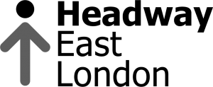 Headway East London logo has a stick figure composed of an upward pointing arrow with a head on top.