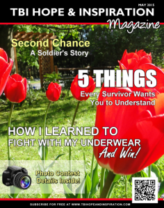 The cover of TBI Hope and Inspiration Magazine for May 2015 has red tulips and select article titles listed.