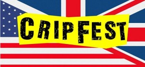 A mashup of the UK and US flags with a yellow banner in the middle and "cripfest" in grungy black text.