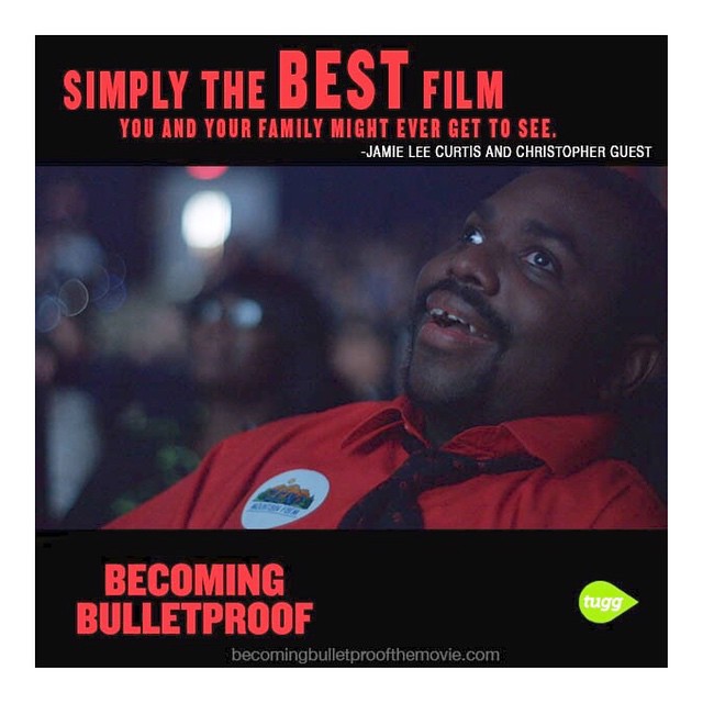 Ajani Murray in a theater, proudly watching himself onscreen. Text reads: "Simply the best film you and your family might ever get to see." Jamie Lee Curtis and Christopher Guest.]