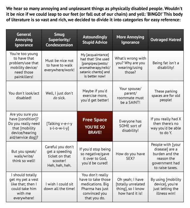 Bingo card filled with microaggressive stereotypes in each box. Center free space reads "YOU'RE SO BRAVE!"