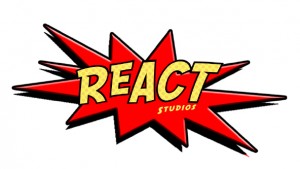 ReAct Studios logo in red and yellow in comic book style.