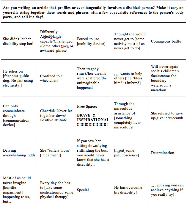 Bingo board with offensively stereotyping language commonly found in journalism on disability topics. Center free space reads "BRAVE & INSPIRATIONAL!!!!!!!!!!!!!!!!!!!!!!!!!!"