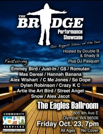 Flyer for The Bridge Performance showcase with performers names, contact info, and image of a bridge at sunset.