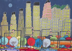 Highly detailed and brightly-colored painting of skyscrapers towering above streetlights, multi-colored, orb-like trees, and traffic.