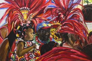 Painting of a black man in ball cap holding a toddler with a flowered dress and colored barrettes in her braids. They're surrounded by rich, vibrant colors of Carnival dancers in feathered headdresses and other parade goers.