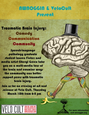 NW NOGGIN flyer for "Traumatic Brain Injury: Comedy, Communication, Community" has a brain in a top hat walking down the street in colorful pants, about to slip on a banana peel.