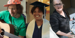 Brandon Scarth plays guitar in his Badass Brain Injury Survivor shirt, Dani Sanderson smiles in graduation cap and gown, and Kris Haas sits on the ground with a new, giant painting and smiles for the camera.