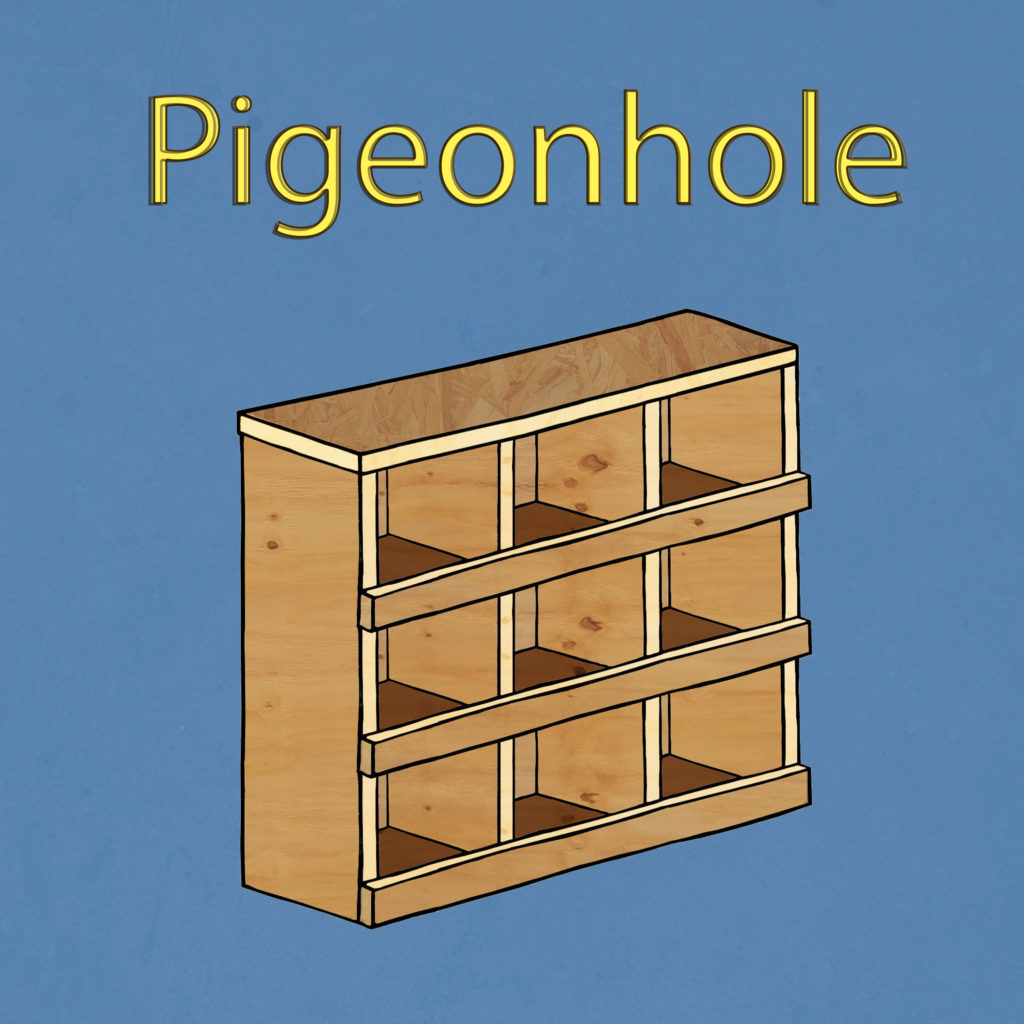 A grungy blue background with "Pigeonhole" in yellow letters. Below the text, a plywood box with nine cubby holes.