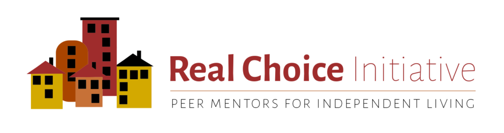 RCI logo shows several houses and apartment buildings in red, orange, and yellow. Text reads "Real Choice Initiative. Peer Mentors for Independent Living."