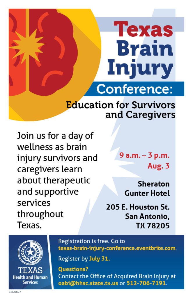 Texas Brain Injury Conference: Education for Survivors and Caregivers flyer. Details of the event are in the post. The flyer has the Texas Health and Human Services logo and an abstract image of a brain in red and orange with a golden sunburst.