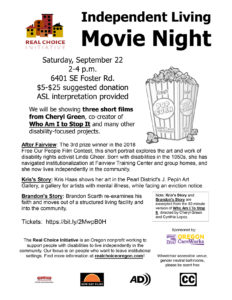Flyer for Independent Living Movie Night featuring three short films by Cheryl Green to benefit Real Choice Initiative. Flyer details are in the blog post.