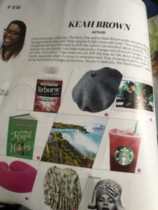 A page out of the Delta Airlines magazine showing Keah Brown's picks for travel essentials and quoting a few lines from her book "The Pretty One."