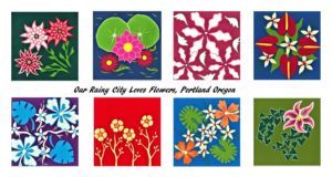 Series of eight Lavaun Heaster flower collages in bold, vibrant colors. Each image is made of meticulously cut shapes to build up the final picture. Text: "Our rainy city loves flowers. Portland, Oregon."