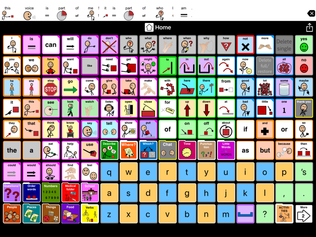 A screenshot of an AAC interface on iPad showing icons and the sentences, "This voice is part of me! It is part of who I am!"