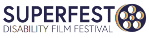 Superfest Disability Film Festival logo with the name in dark blue and a logo of a dark blue old-fashioned film reel with rainbow-colored stripes along the holes of the film reel.