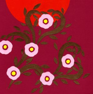Photo of a layered paper collage. The background is burgundy paper with a thin cross-hatch texture. Layered onto that at top center is a piercingly bright orange-red moon floating up and off the edge of the paper. Leafy brown vines with blossoms on their ends grow up from the bottom and across the page until they reach high enough to begin covering the orange-red moon. Each blossom is a cotton-candy pink with a blotch of sunshine in the center that's surrounded by a ring of burgundy. In the photo, small bits here and there where the paper vines were not pressed all the way down creates bright spots and shadows and reminds the viewer this is collage, not a painting.